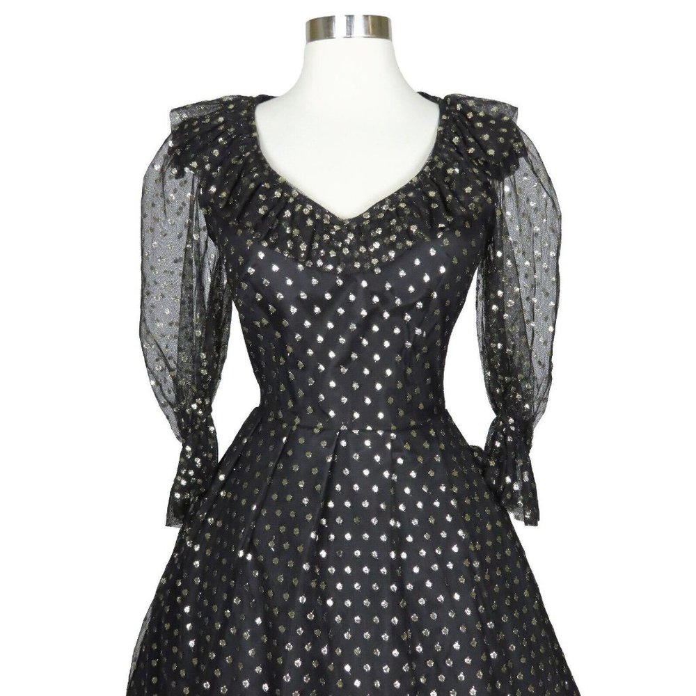 Vintage 80s 50s Gold Polka Dot Black Full Skirt Prom Cocktail Party Dress S M